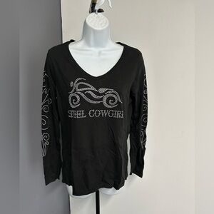 Steel Cowgirl Black V Neck T Shirt Women's Medium‎ Rhinestone Long Sleeve FLAW